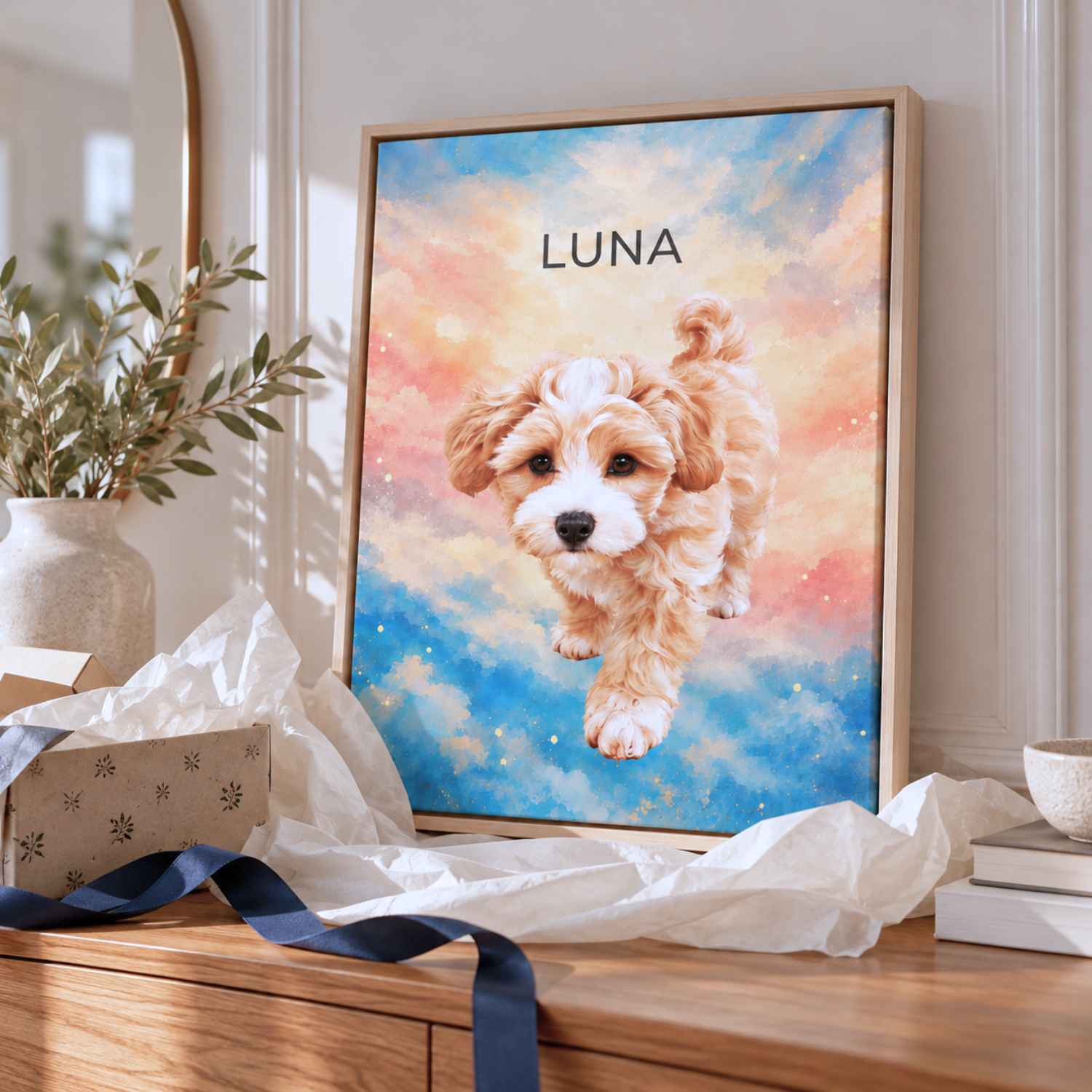 A framed custom pet portrait of Luna on a dresser beside a half-unwrapped gift box, a personalized pet gift