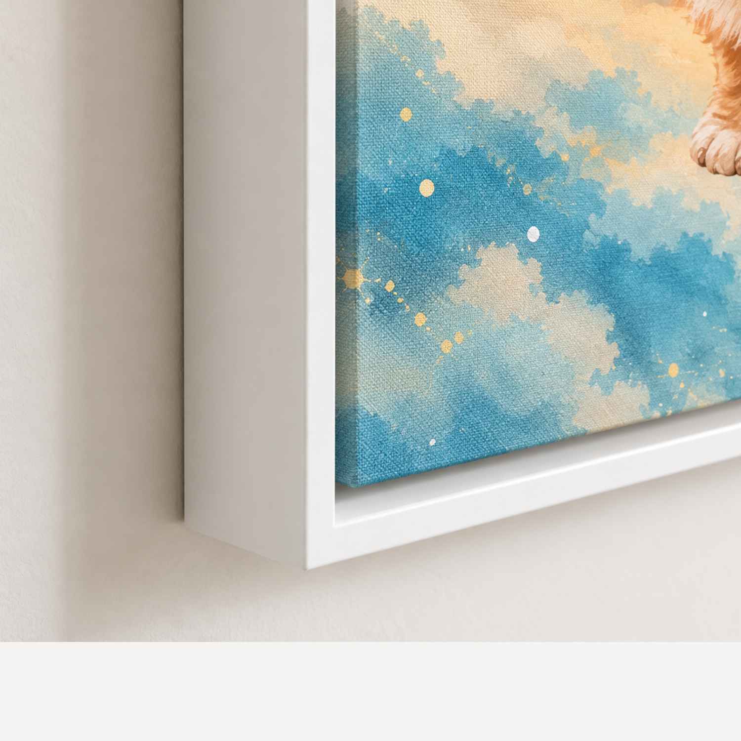 Close-up of a custom pet portrait canvas in a white pinewood frame, the textured matte canvas set inside