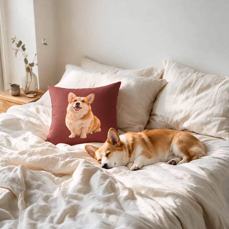 A corgi napping on a cream-linen bed beside a red custom pet photo pillow with his painted portrait