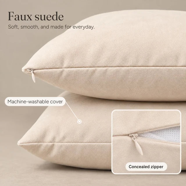 Two stacked faux suede Everyday Love Pillows with a close-up of the concealed zipper