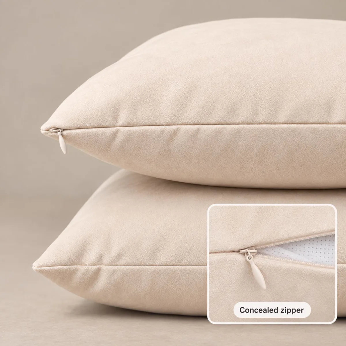 Two stacked faux suede custom pet photo pillows with a close-up of the concealed zipper, half open, showing the insert inside