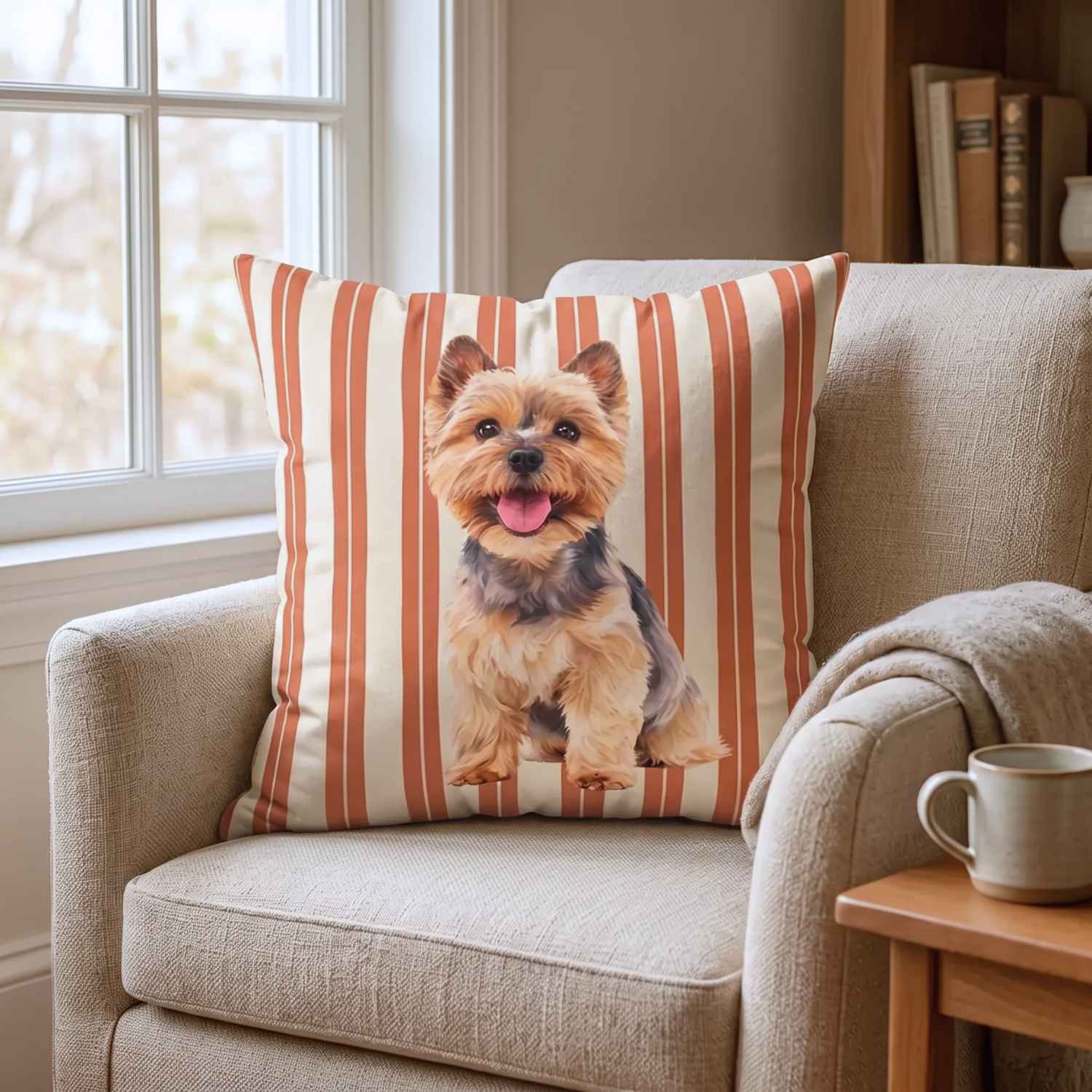 A custom pet photo pillow with a Yorkie portrait on an armchair by a window
