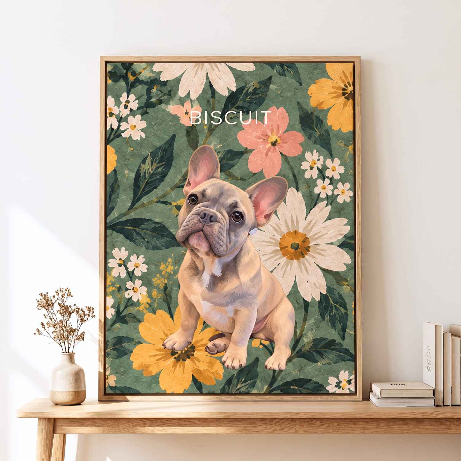 Framed custom pet portrait canvas of Biscuit the French bulldog on the Garden design, natural frame, above a wooden console