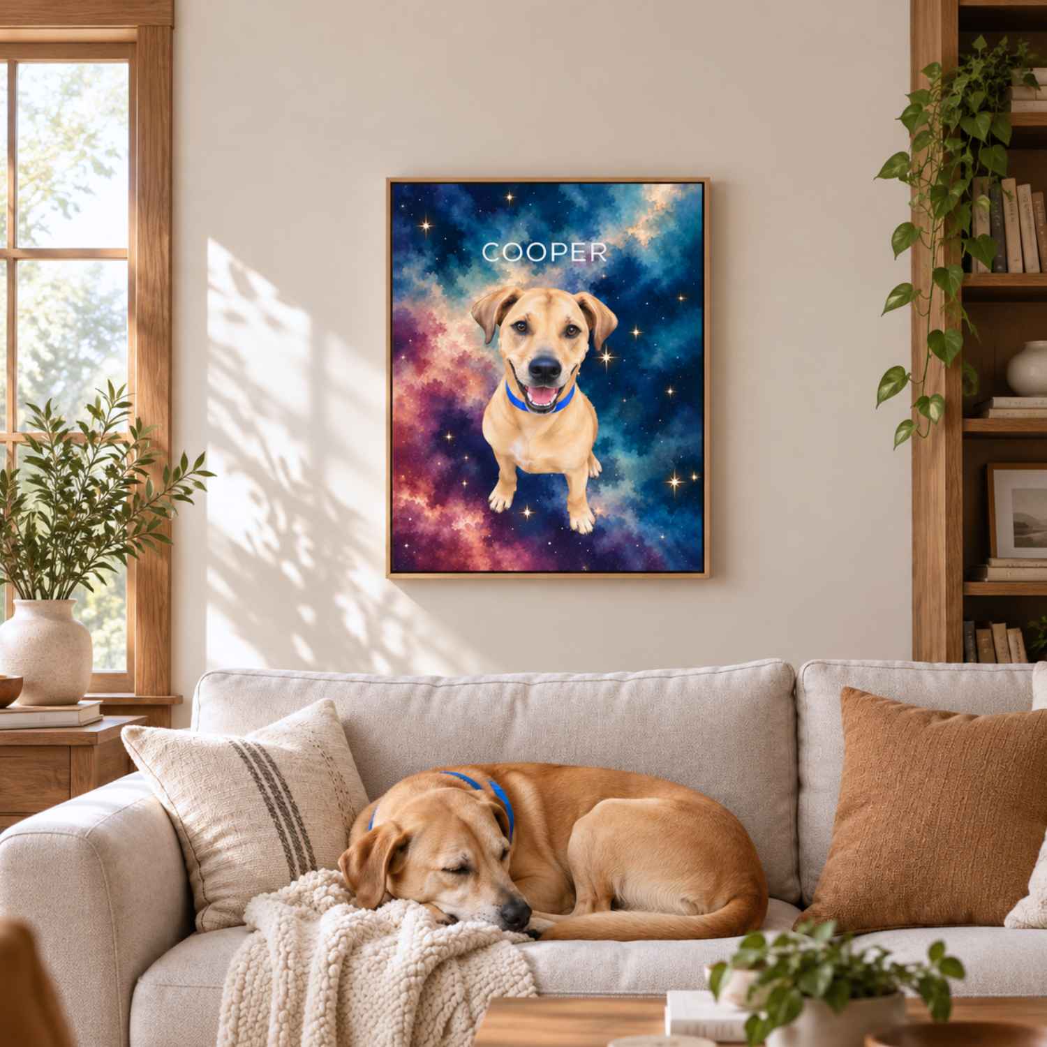 Cooper the dog curled up on a sofa beneath his framed custom pet portrait
