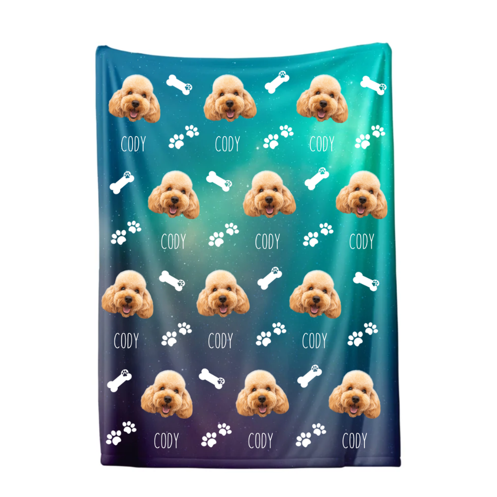 custom dog photo blanket with playful paws and bones pattern