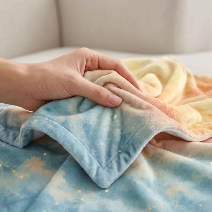 Close-up of a soft velveteen plush custom pet photo blanket with its stitched edge folded over