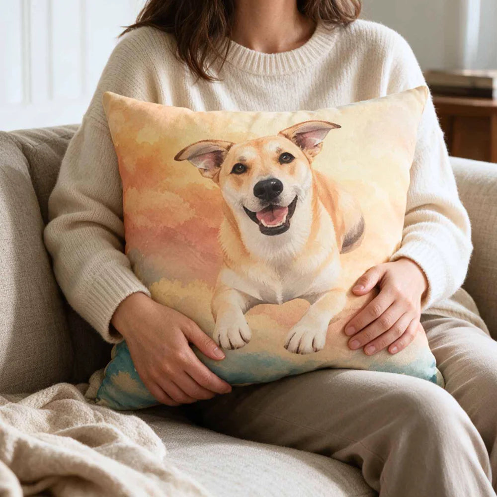 Someone relaxing on the sofa hugging a custom pet photo pillow printed with Nacho's painted portrait