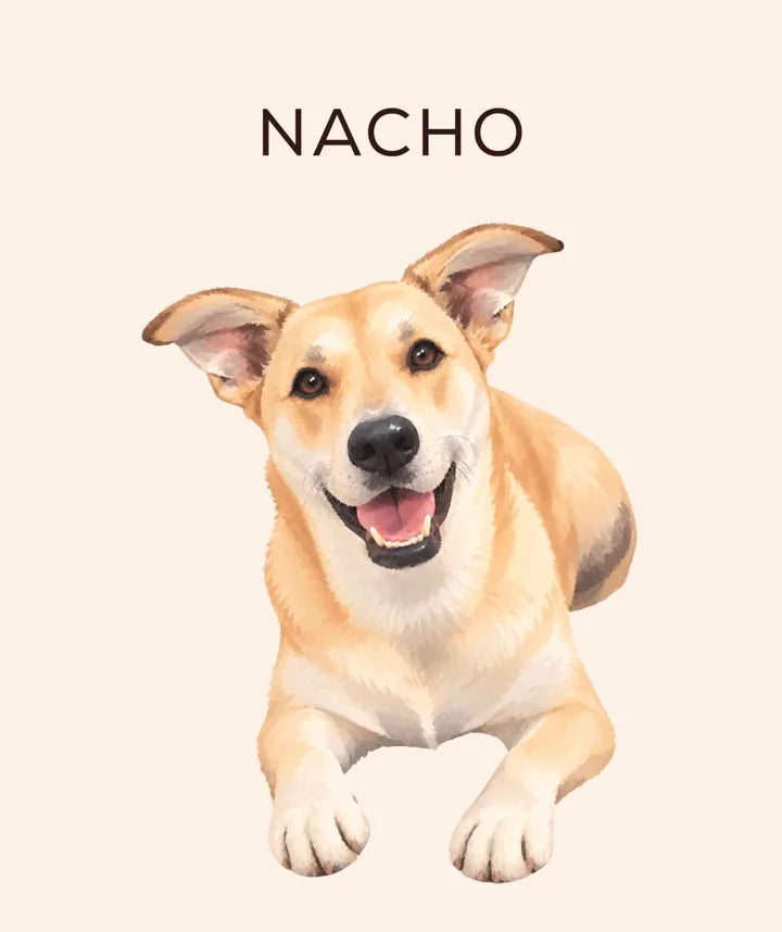 Custom pet portrait artwork of Nacho on the Cream background, with his name above