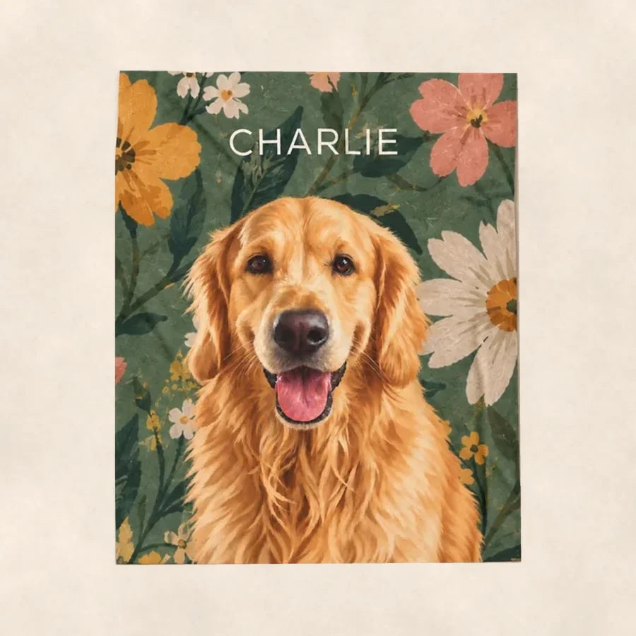 Custom pet photo blanket in the Garden design